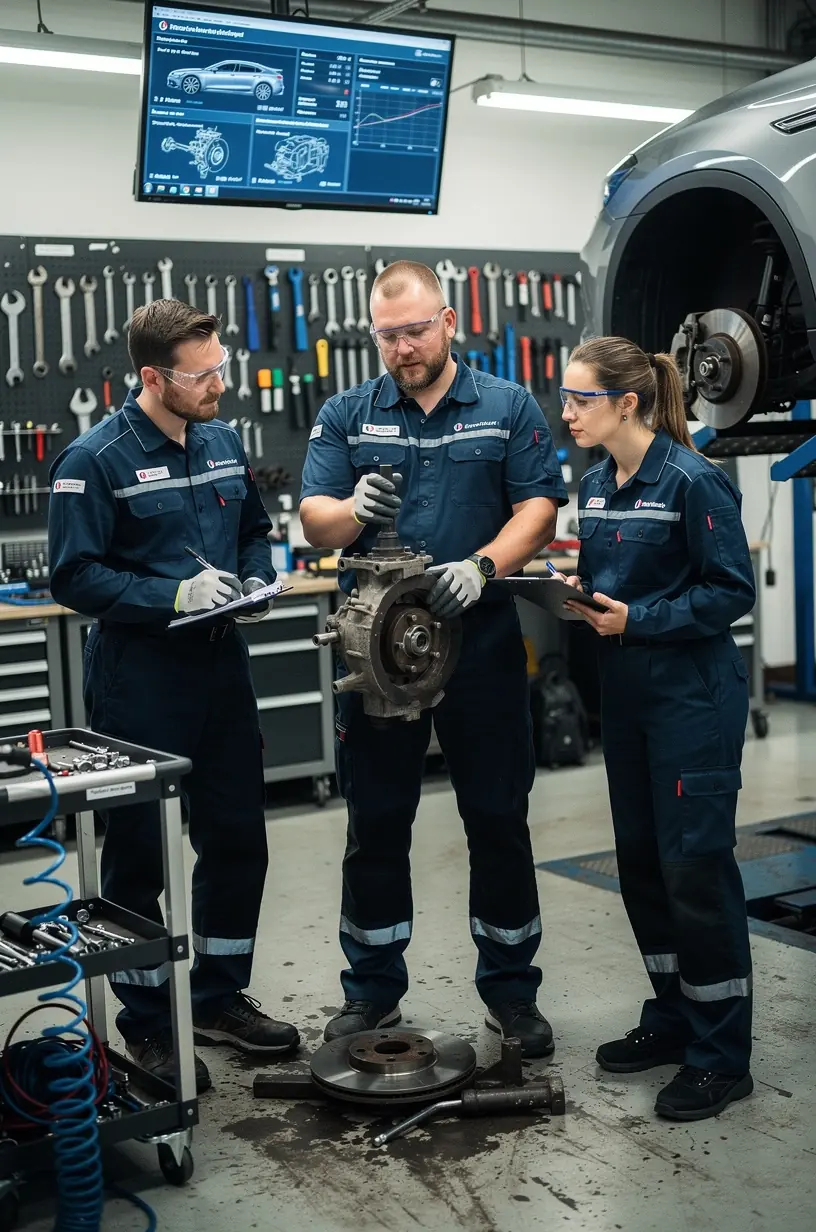 Kundengespräch in einer Werkstatt über die Bedeutung regelmäßiger Bremsen- und Fahrwerkskontrollen